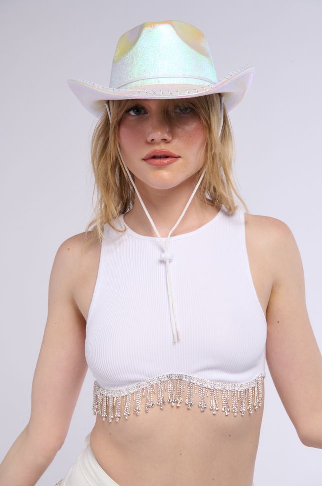 Front View Make You Believe It Rhinestone Fringe Tank In White