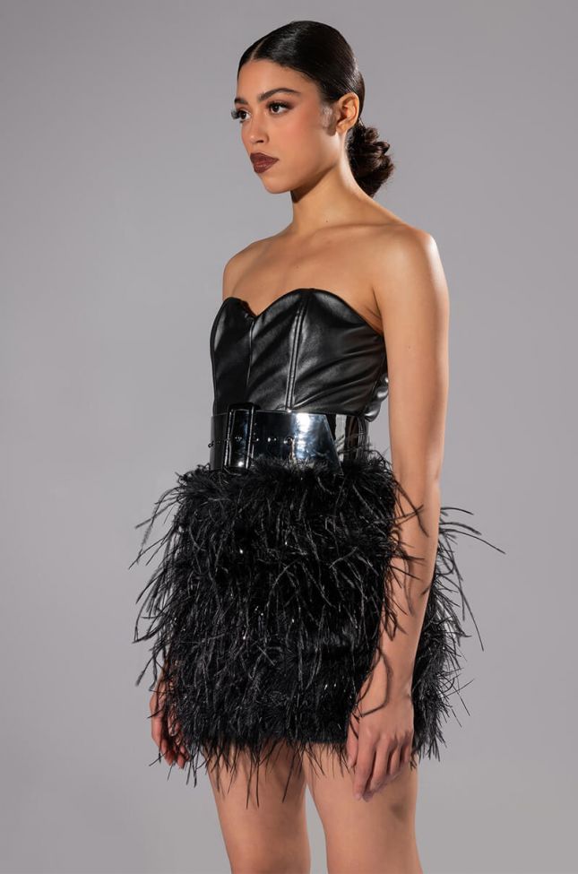 Front View Malia Faux Leather Feather Skirt Strapless Mini Dress