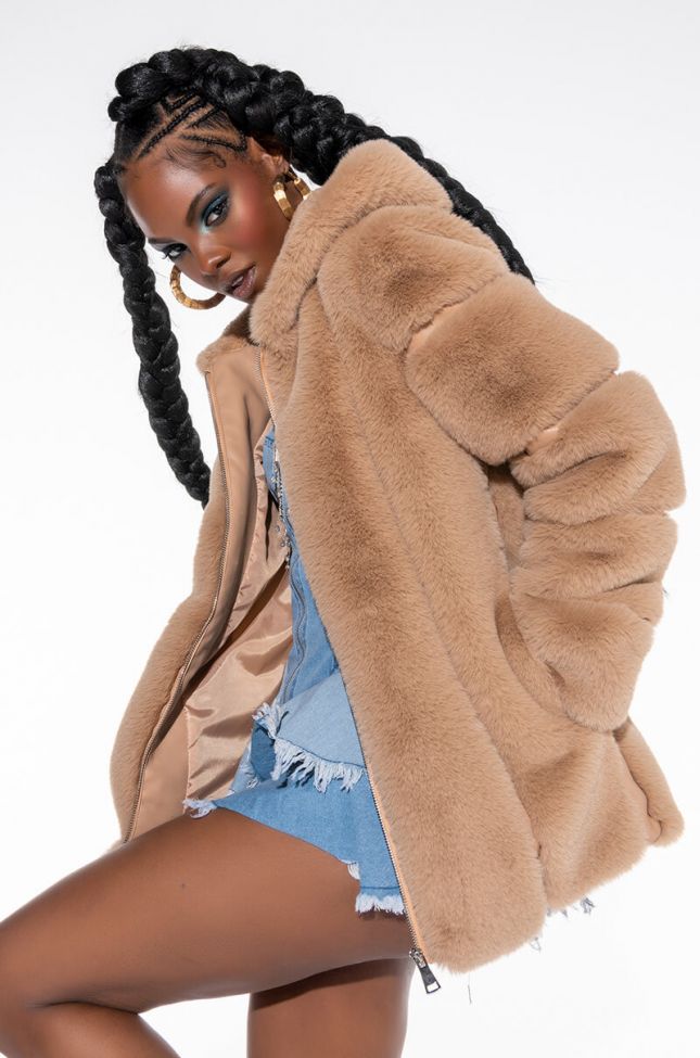 Front View Mama Faux Fur Panel Jacket With Hood