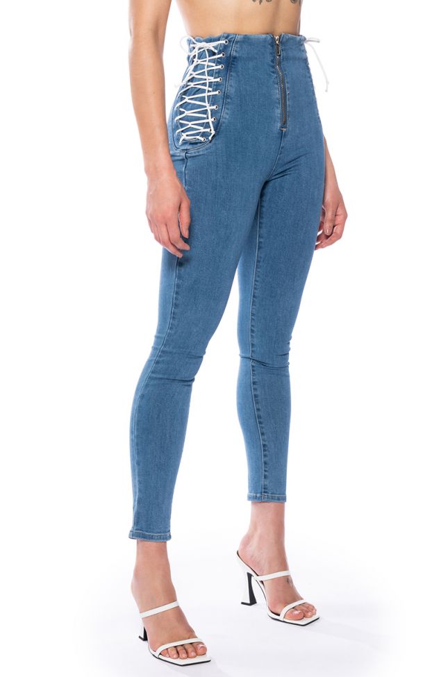 Front View Margot Lace Up Skinny Jeans