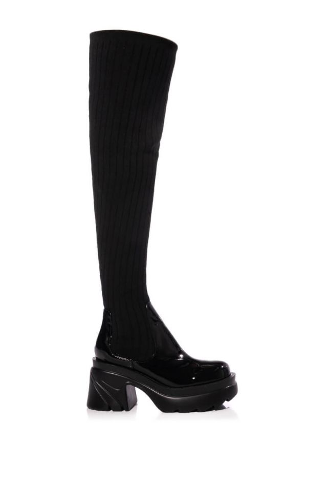 Side View Margot Thigh High Knit Stretch Boot In Black