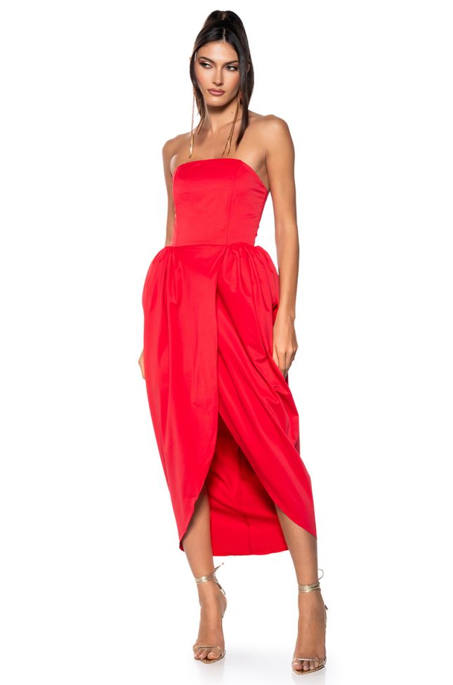 Front View Marisol Strapless Tulip Skirt Midi Dress In Red