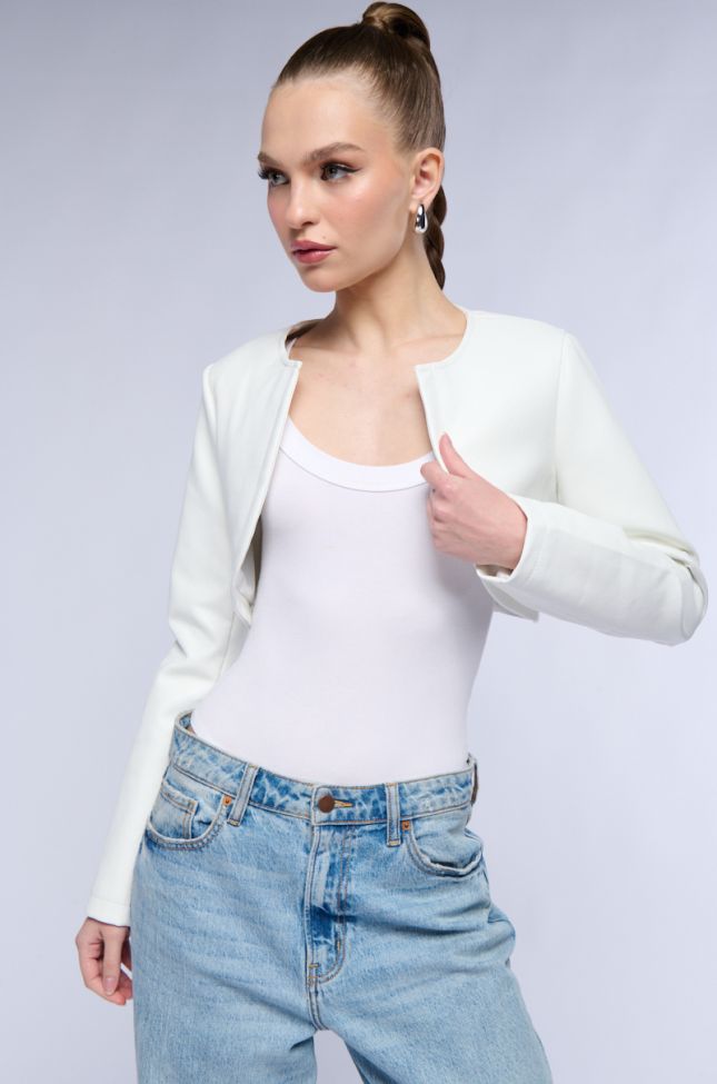 Front View Master Crop Angle Faux Leather Blazer In White