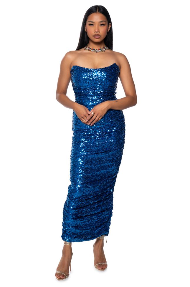 Front View Maya Sequin Strapless Midi Dress In Blue