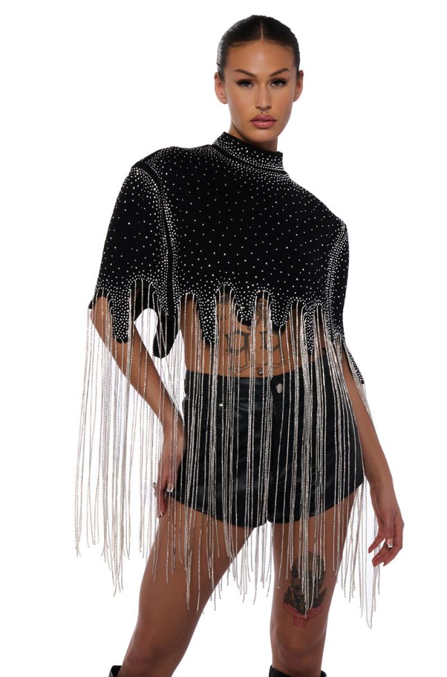 Front View Meet In The Light Rhinestone Fringe Cropped Cape