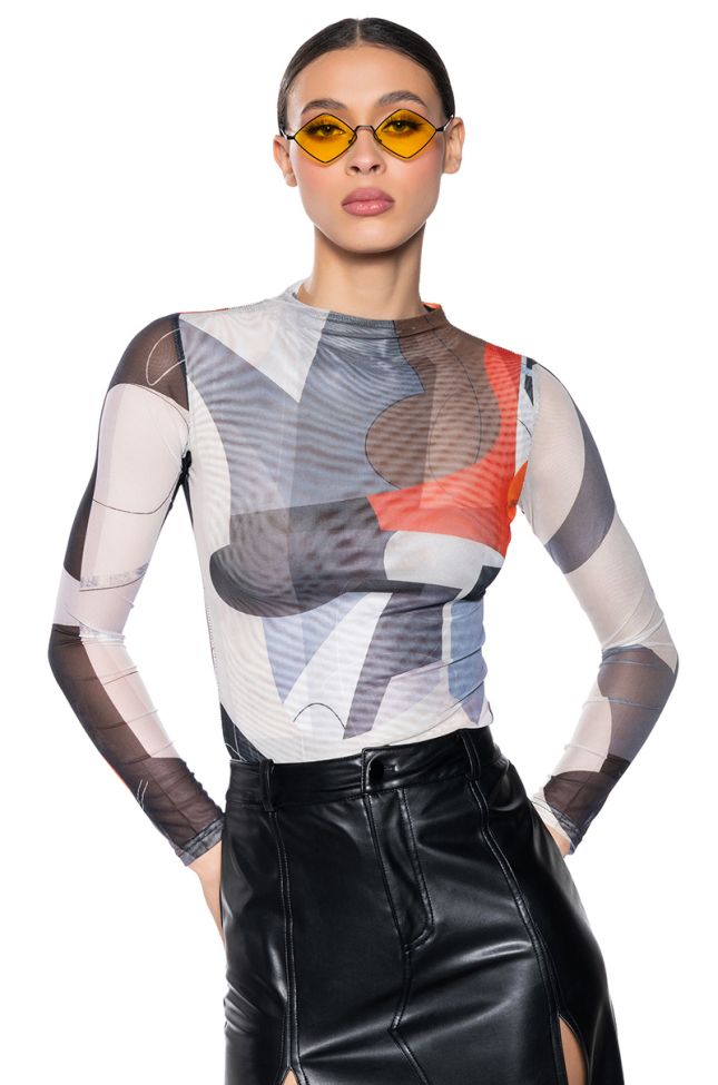 Front View Meet Me At The Museum Long Sleeve Mesh Bodysuit
