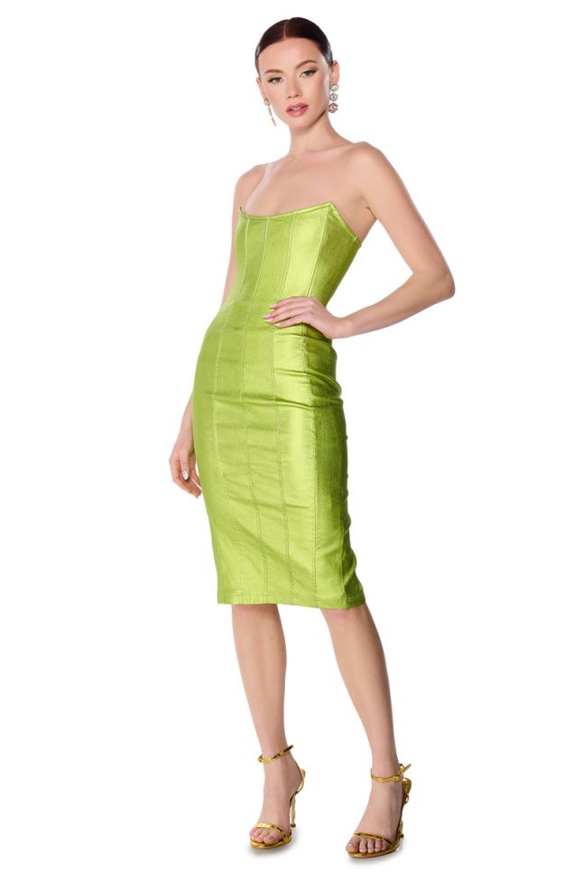 Front View Meet Me In The Metallics Midi Dress In Lime