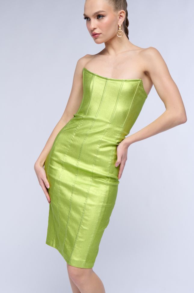 Front View Meet Me In The Metallics Midi Dress In Lime