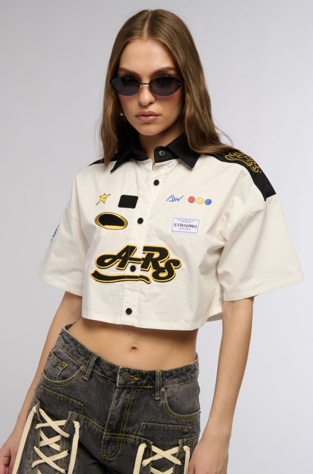 Side View Meet You At The Finish Line Collared Cropped Shirt