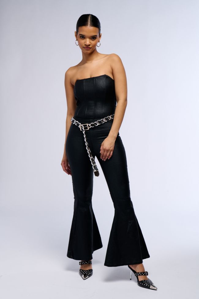 Side View Melody Flare Leg Faux Leather Jumpsuit