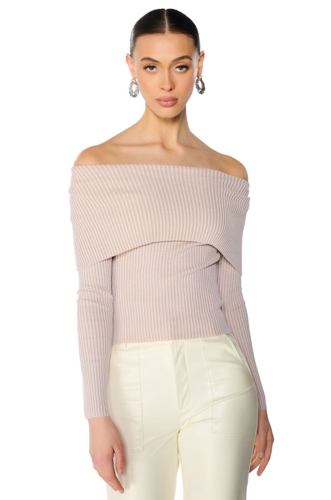 Front View Melody Long Sleeve Off The Shoulder Sweater In Beige