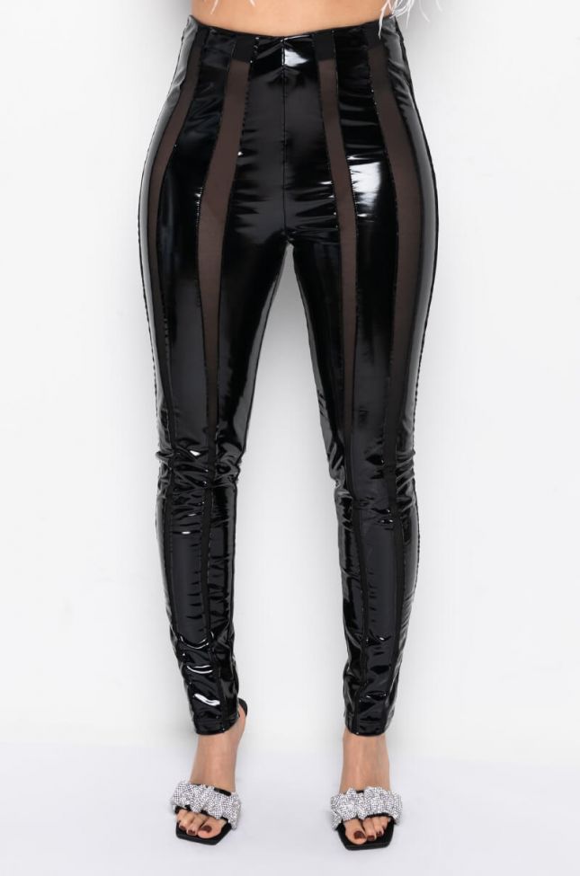Front View Mesh Panel Patent Leather Legging