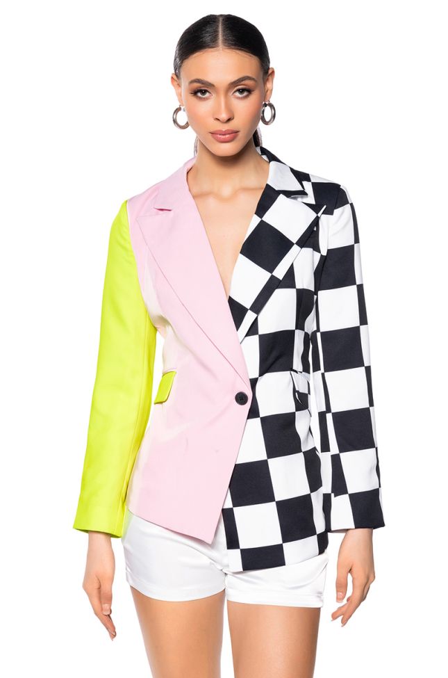 Front View Met Ready Color Block Blazer With Checkers