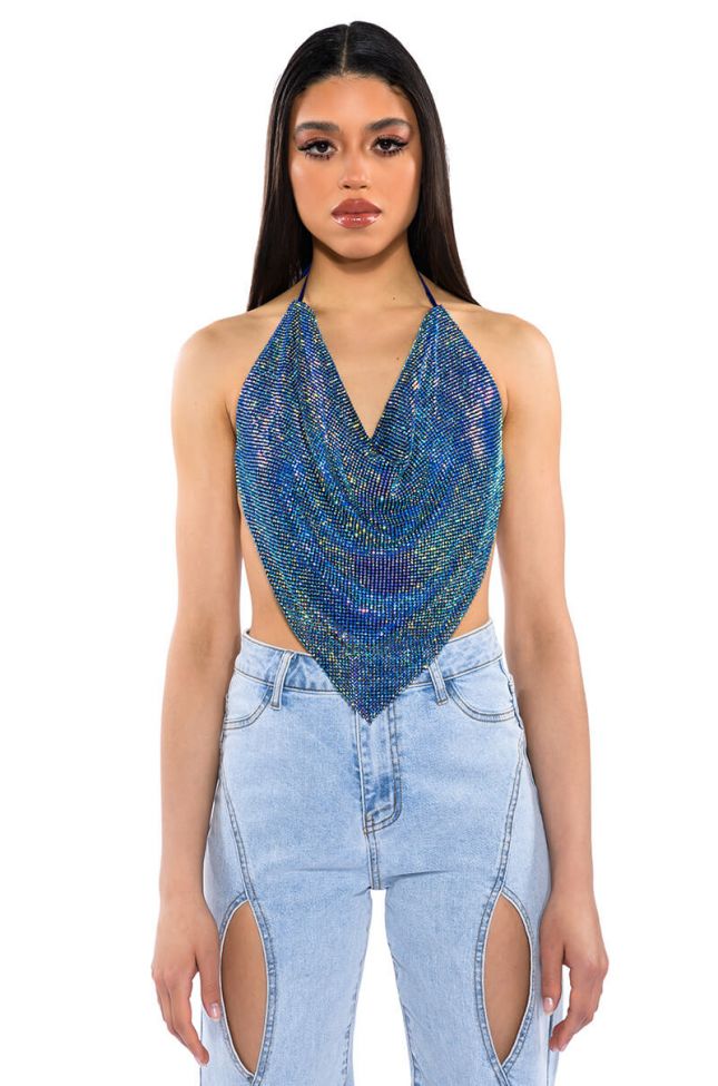 Front View Miami Callin Rhinestone Chainmail Top In Blue