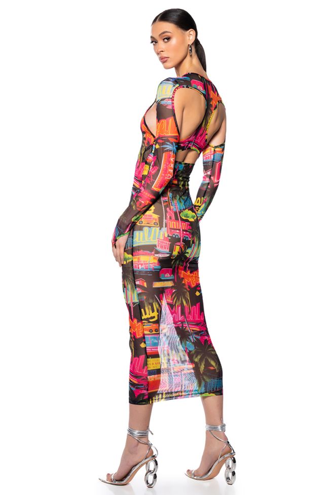 Side View Miami Vibes Printed Mesh Maxi Dress