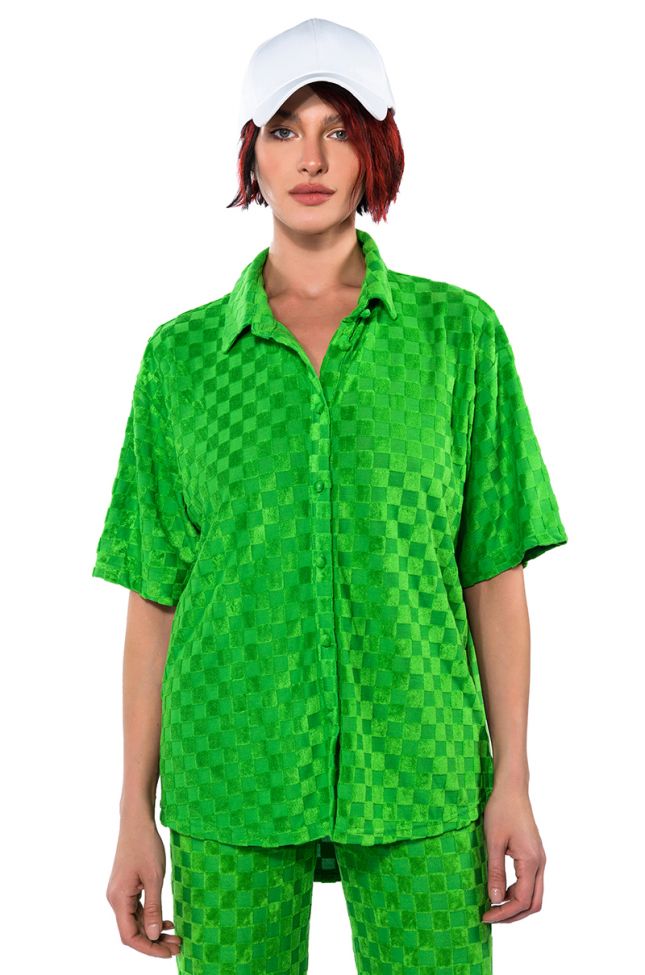 Full View Michelle Terry Checker Textured Button Polo Shirt