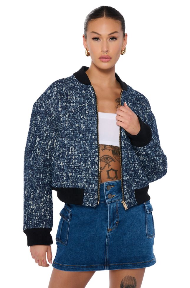 Front View Micro Denim Weave Bomber Jacket