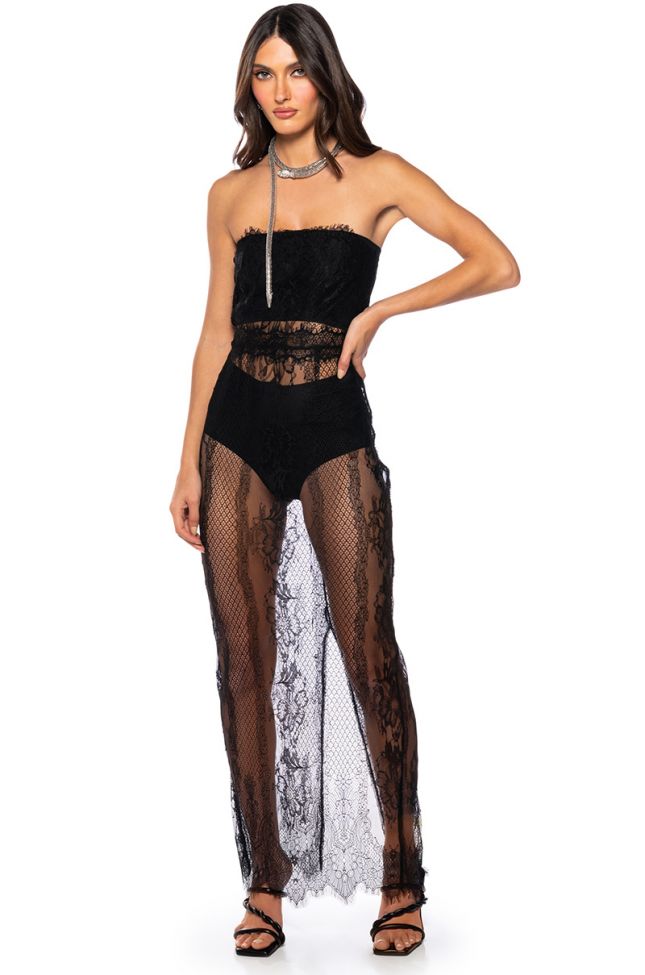 Front View Midnight Illusions Strapless Lace Maxi Dress