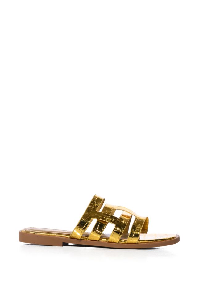 Back View Milli Flat Cage Sandal In Gold