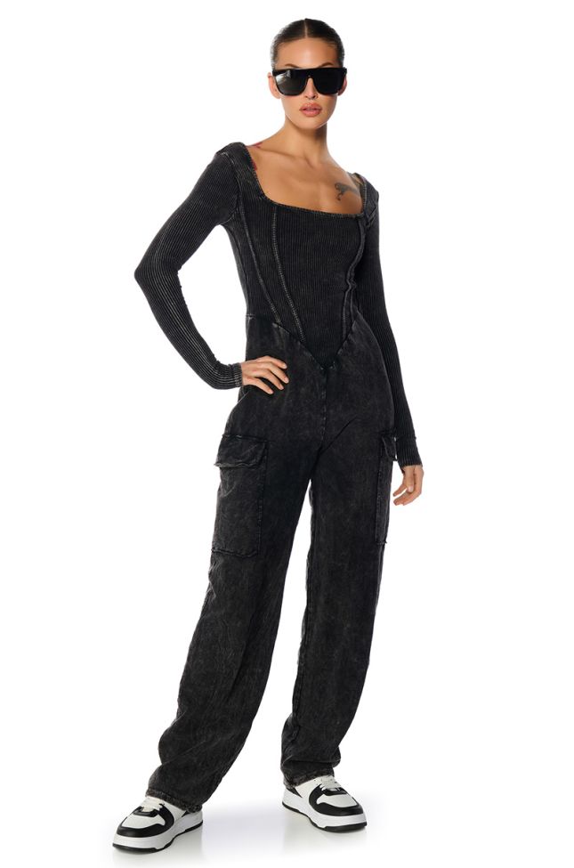 Front View Millie Mineral Wash Cargo Jumpsuit In Black