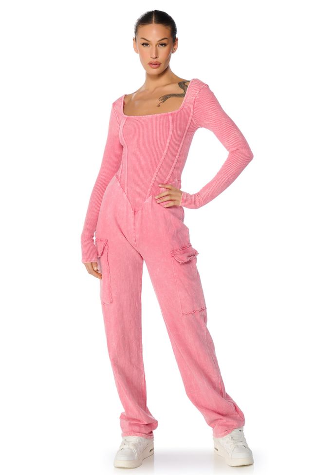 Front View Millie Mineral Wash Cargo Jumpsuit In Pink