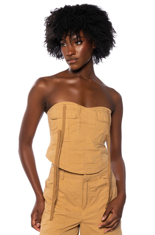 Front View Minding Mine Cropped Cargo Corset In Beige