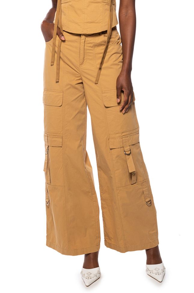 Front View Minding Mine Wide Leg Cargo Pant In Beige