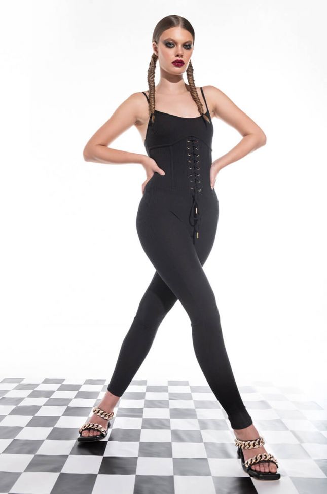 Front View Mindy Ribbed Lace Up Jumpsuit
