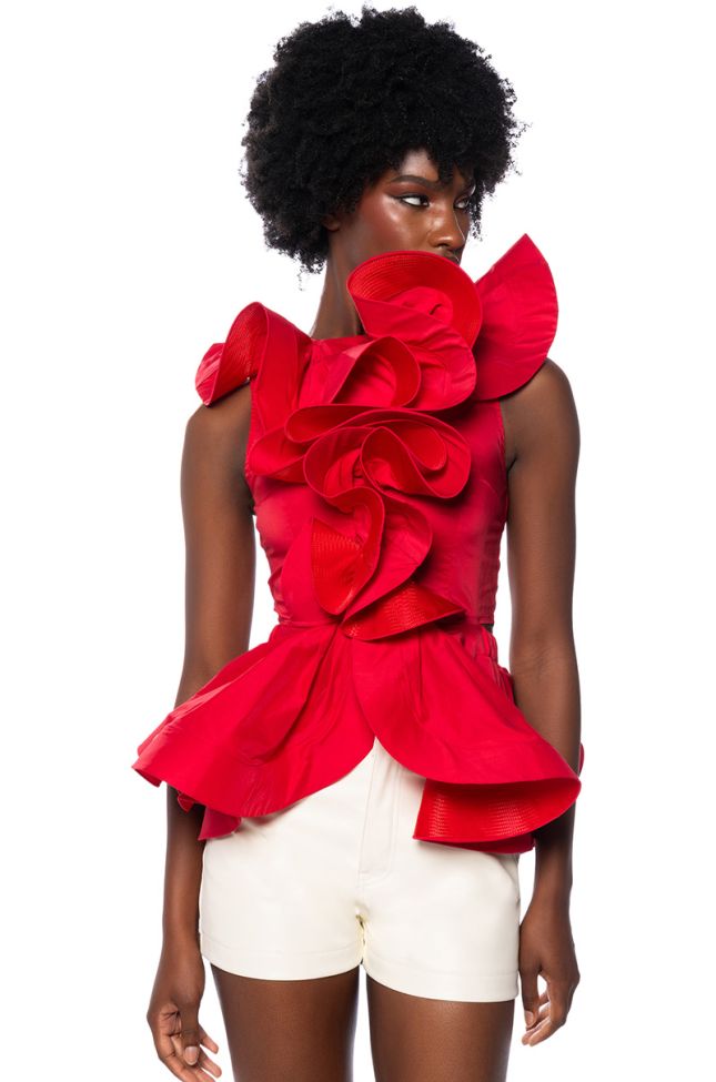 Front View Miss Fashionista Sleeveless Ruffle Peplum Blouse In Red
