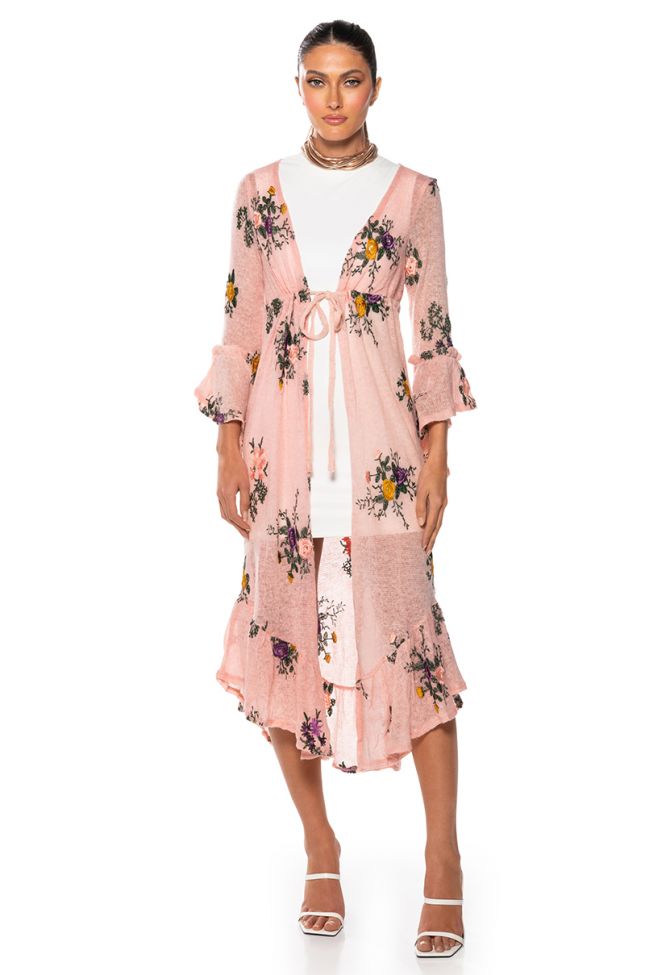 MISS HONEY LONG SLEEVE FLORAL DUSTER SWEATER