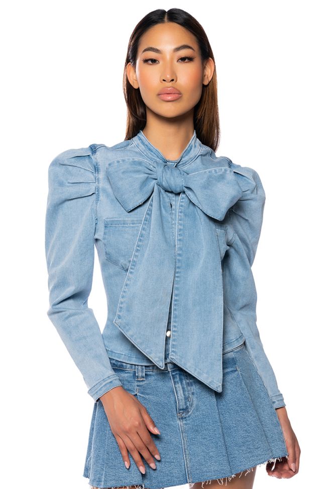 Front View Miss Independent Denim Long Sleeve Blouse