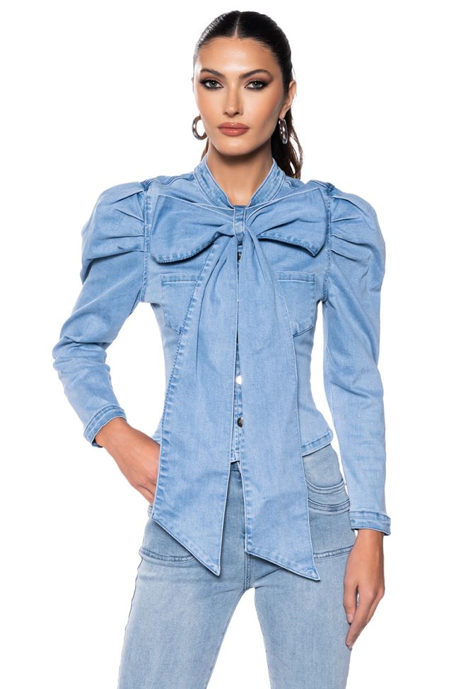 Front View Miss Independent Denim Long Sleeve Blouse