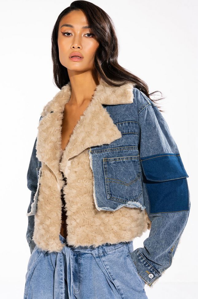 Front View Mix It Up Shearling Cropped Denim Jacket