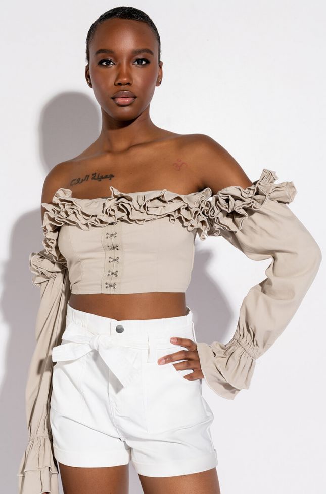 Front View Modern Romance Ruffle Off The Shoulder Cropped Blouse