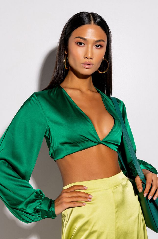 Front View Money Is The Motive Satin Twist Front Cropped Blouse