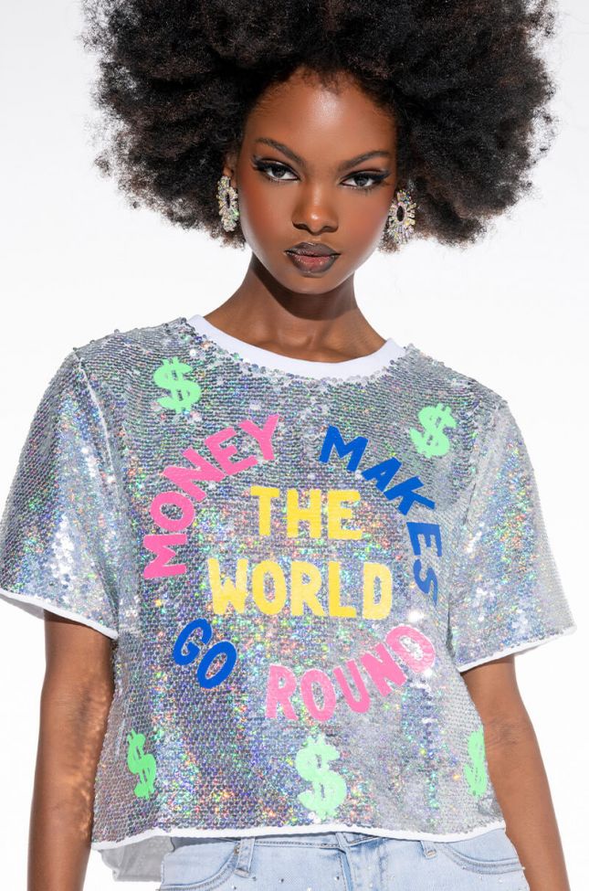 Front View Money Makes The World Go Round Sequin Cropped Shirt