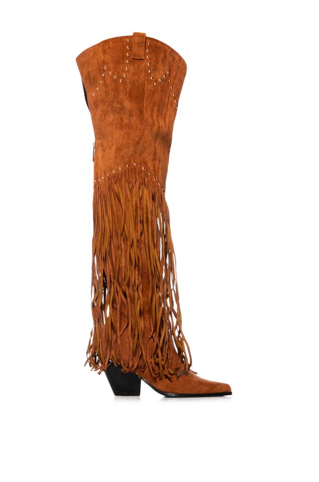 Side View Montana Thigh High Suede Fringe Western Boot In Camel