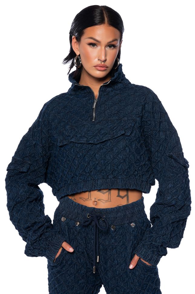 Front View Monte Cozy Knit Pocket Detail Half Zip Crop Sweatshirt In Blue 