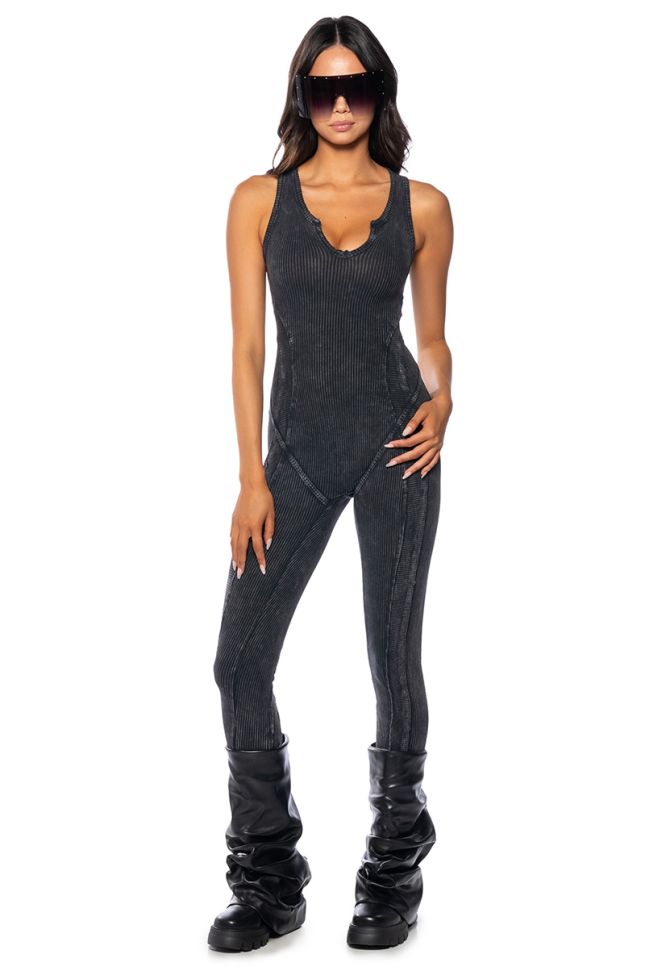 Front View Monte Mineral Wash Jumpsuit In Black