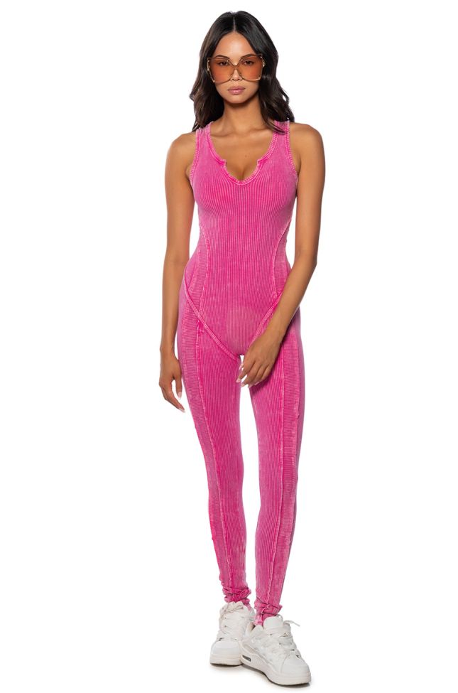 Front View Monte Mineral Wash Jumpsuit In Pink