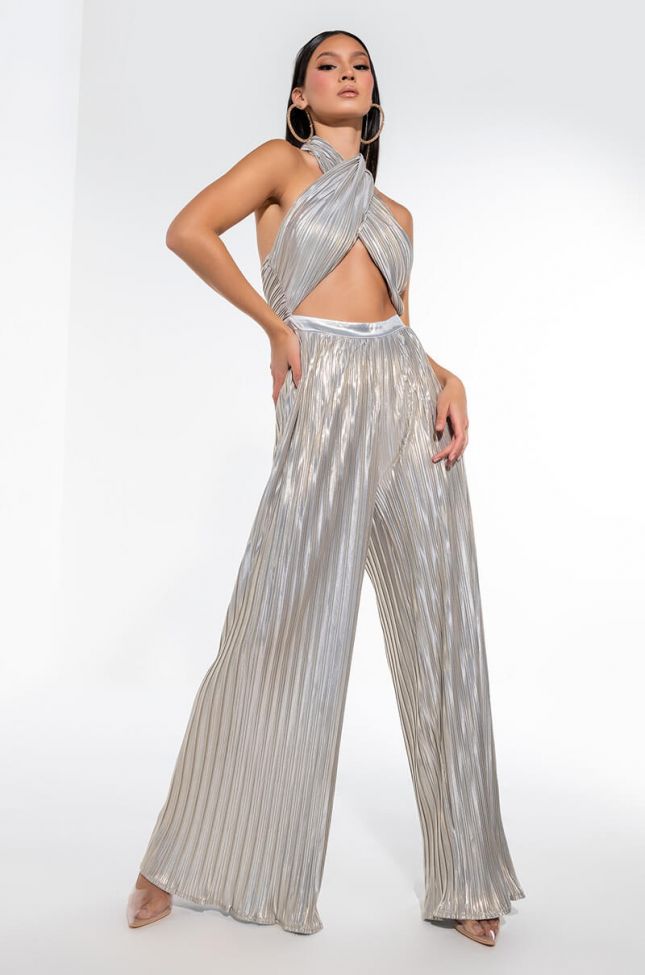 Front View Mood Metallic Pleated Jumpsuit