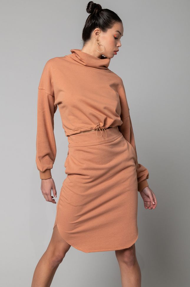 Side View More Than A Woman Long Sleeve Cowl Neck Sweatshirt in Camel