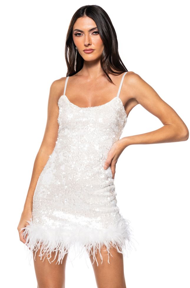 Front View Move All Night Sequin Feather Trim Mini Dress