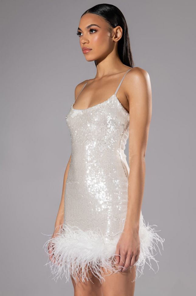 Side View Move All Night Sequin Feather Trim Mini Dress