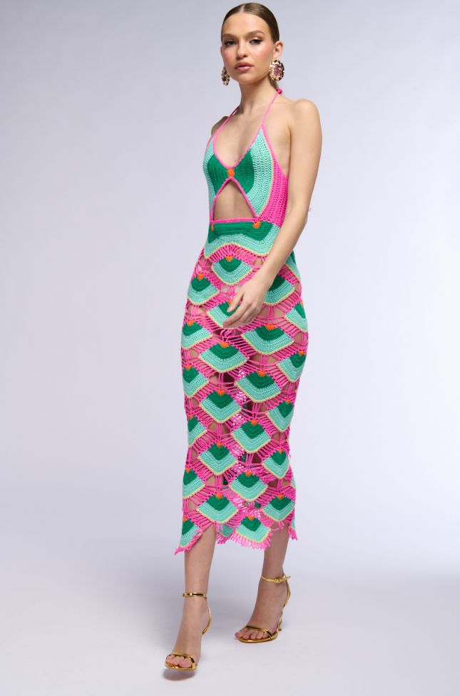 Back View Move To The Tropics Crochet Knit Maxi Dress