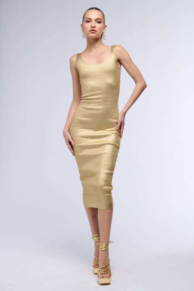 Front View Move Your Body Metallic Midi Dress In Gold