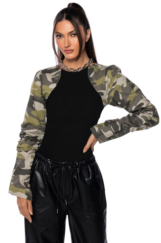 Front View Moving Discreetly Camo Mesh Cutout Bodysuit