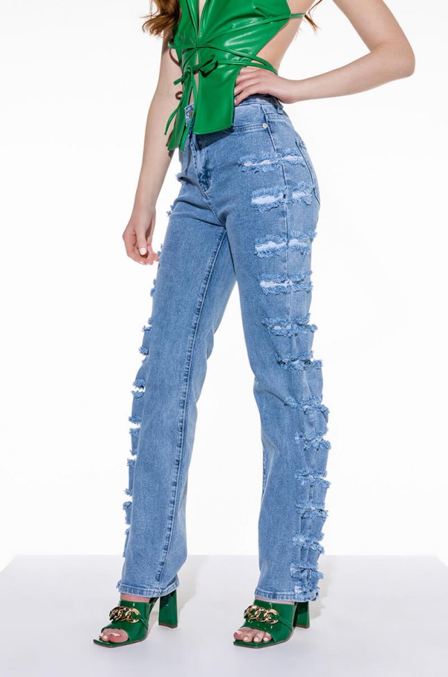 Side View Mrs Bieber High Waisted Distressed Side Wide Leg Jeans