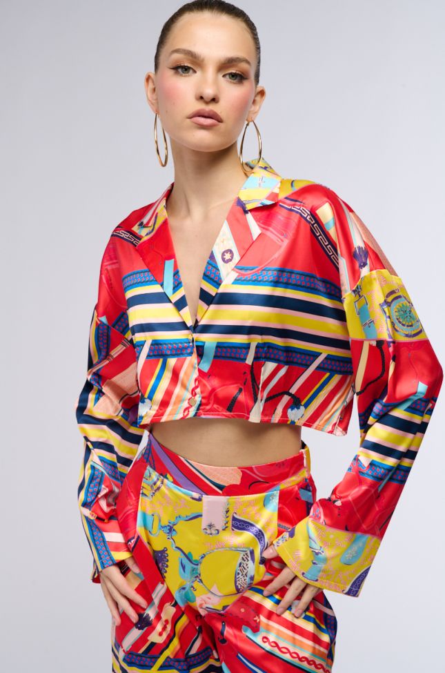 Front View Multi Printed Cropped Button Down