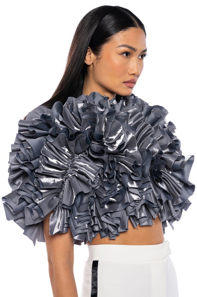 Front View Must Be Dreaming Denim Ruffle Crop Blouse